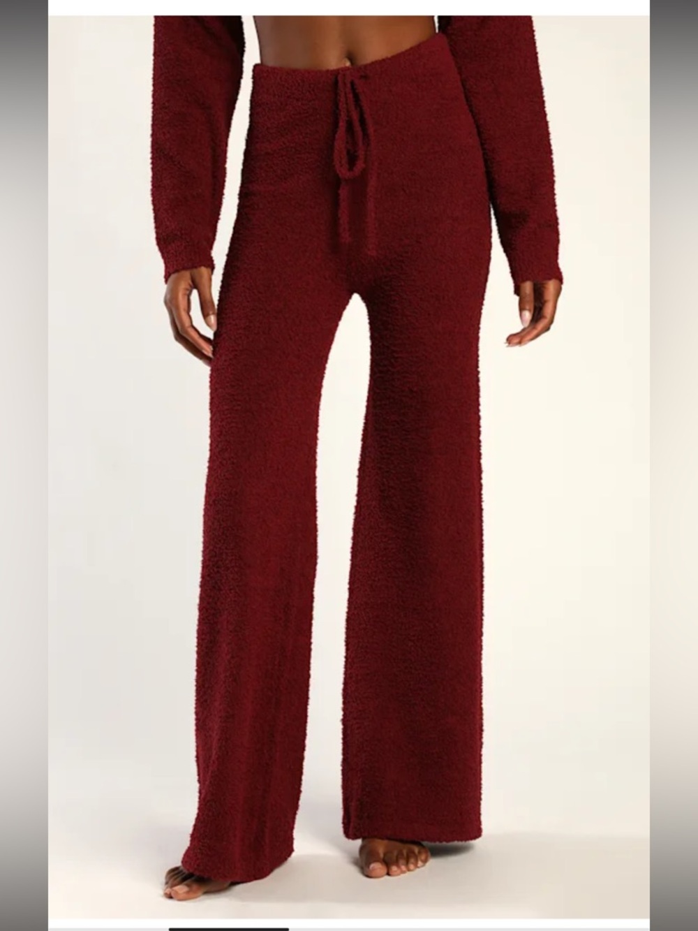 Lulus Cozy Snuggle City Burgundy Fuzzy Knit Wide-Leg Lounge Pants